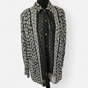 Nomad Vintage Black White Leopard Print Sheer Blouse Gold Buttons One Size